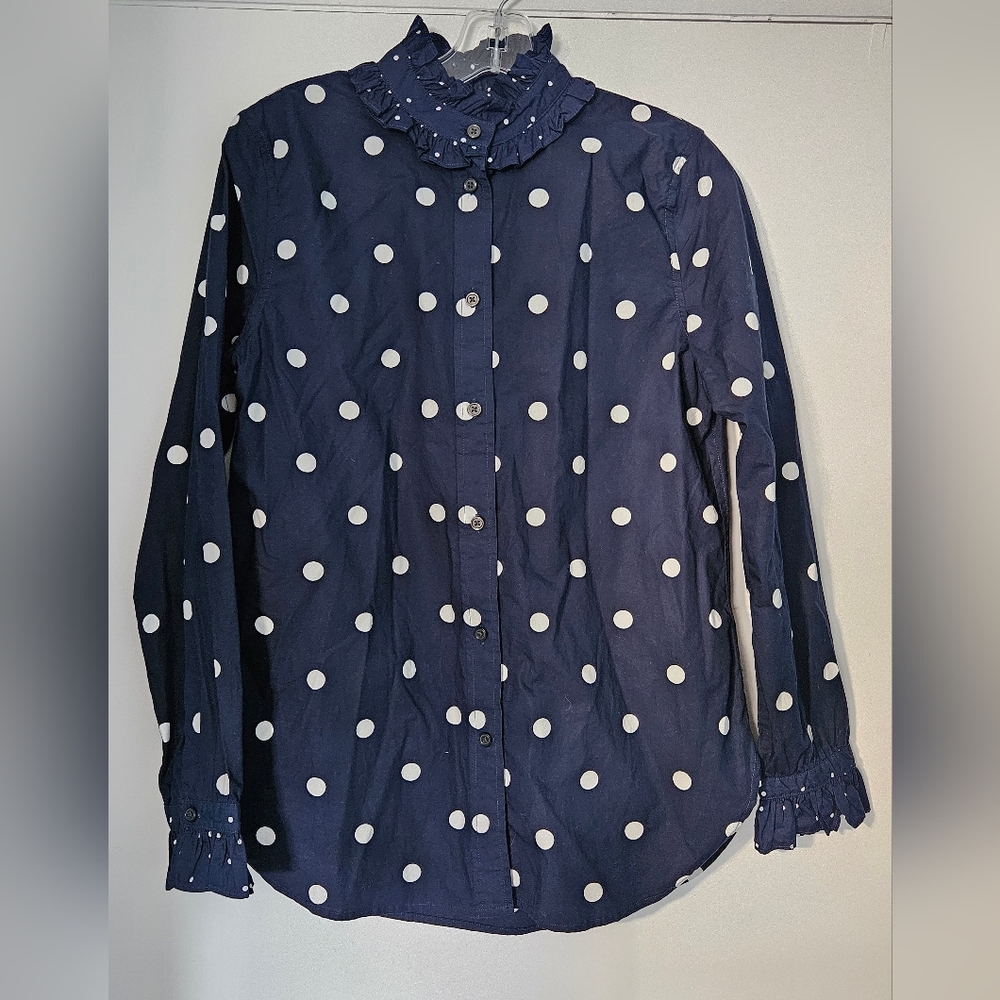 Vintage J Crew Long Sleeve Navy Polkadot Womens Blouse Size 2